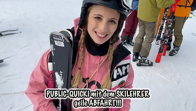 Young girl gets naughty with ski instructor in public