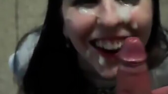 Amateur guy ejaculates on girl's face during blowjob