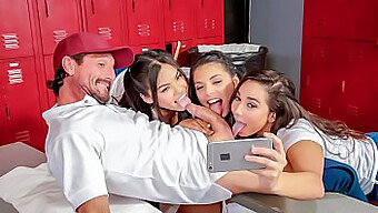 Three Horny Brunettes - Gina Valentina, Karlee Grey, And Cindy Starfall - Engage In Group Sex On A Couch In The Locker Room